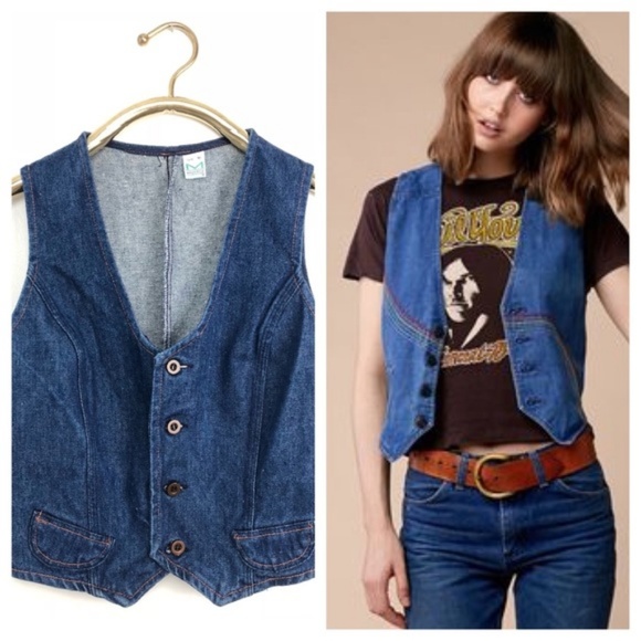 Vintage Jean Vest 70s Crop Biker Denim Trucker Top - Picture 1 of 5